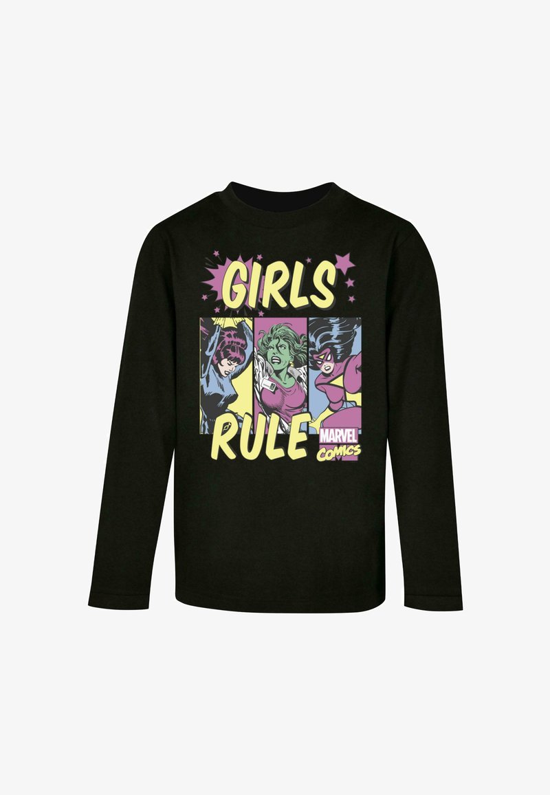 Black long-sleeve t-shirt featuring a graphic print with three characters and "GIRLS RULE" text in yellow, accented with pink stars.