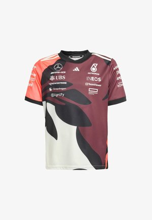 Korte mouw jersey in een bordeaux en wit kleurenschema, met zwarte bladvormen, logo prints en een ronde halslijn.