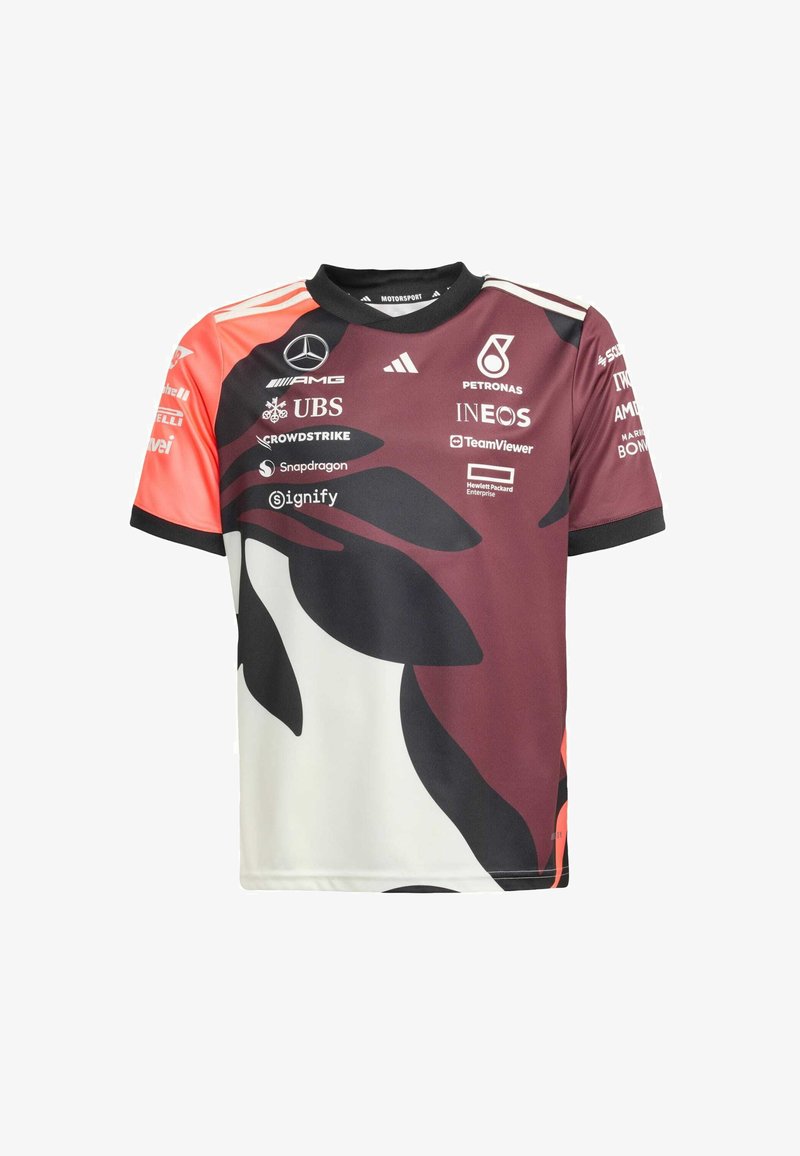Kurzarmtrikot in Burgunderrot und Weiß mit schwarzen Blattmustern, Logodrucken und Rundhalsausschnitt.