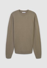 Maglione a maglia khaki con maniche lunghe e scollatura a girocollo. Tessuto liscio, polsini e orlo a costine, con etichetta all'interno del collo.