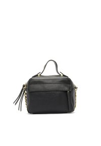 Borsa a mano in pelle nera con finitura testurizzata, dettagli in hardware dorato, manico superiore e tracolla a catena rimovibile. Comparto con zip incluso.