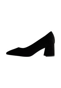 Pump in suede nero con punta affusolata e tacco largo, caratterizzato da una texture liscia e un design minimalista. Ideale per abiti formali e stili quotidiani.