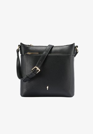 Czarna skórzana torebka na przekątnej z teksturowanym wykończeniem, regulowanym paskiem, przednią kieszenią na zamek błyskawiczny i detalami w kolorze złotym.