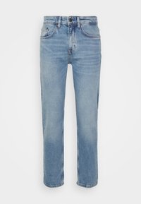  Lichtblauwe denim jeans met een rechte pijp, vijf zakken en een contrasterende stiknaad. Klassieke knoop- en ritssluiting bij de taille.