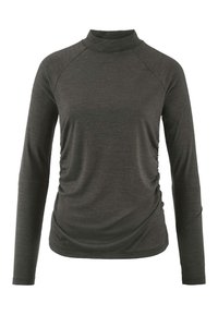 Dunkelgraues Langarmoberteil mit Stehkragen, das über geraffte Seitendetails und einen glatten, dehnbaren Stoff verfügt. Elegante, figurbetonte Silhouette.