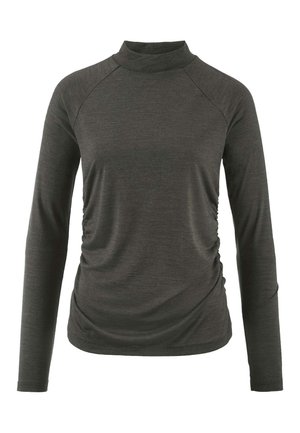 Donkergrijze langemouwen top met een stijve kraag, voorzien van geplooide zijkanten en een gladde, elastische stof. Elegante, getailleerde silhoutte.
