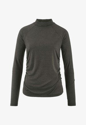 Donkergrijze langemouwen top met een stijve kraag, voorzien van geplooide zijkanten en een gladde, elastische stof. Elegante, getailleerde silhoutte.