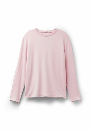 Pink long-sleeve shirt made of soft fabric, featuring a round neckline and relaxed fit, with no patterns or accents.