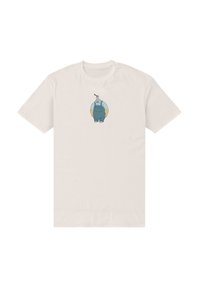 Crèmekleurig katoenen T-shirt met een cartoonfiguur in een blauwe overall, met een bruine stok die uit het hoofd steekt. Korte mouwen, losse pasvorm.
