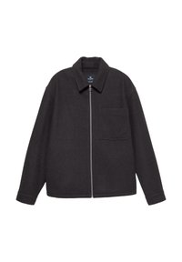 Sötét szürke, cipzáros dzseki, puha anyagból készült, hegyes gallérral és egyetlen mellzsebével. Lazán illeszkedő fazon, hosszú ujjak.