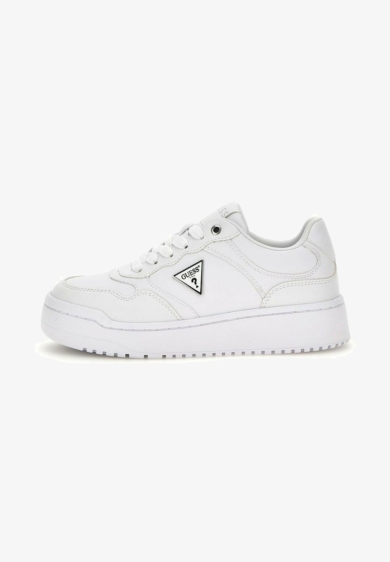 White synthetic sneakers featuring a round toe, flat sole, and lace-up design. Notable triangular logo and stitched accents on the upper.