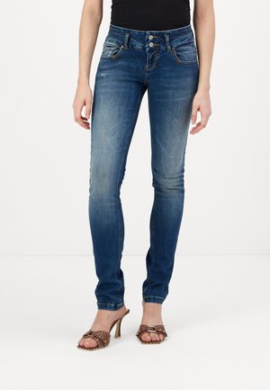 Slim-fit blue denim jeans with a medium wash, featuring a five-pocket design, two-button front closure, and subtle distressed detailing.