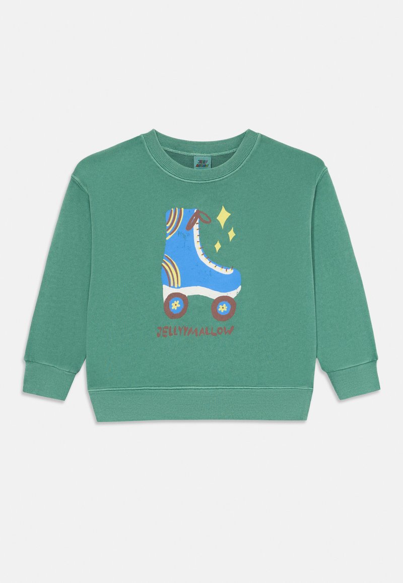 Zaļš garo piedurknju krekliņš ar zilu riteņslidošanas zīmējumu, dzelteniem mirdzumiem un tekstu "Jellymallow" priekšpusē.