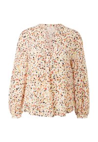 Blouse à manches longues avec motif abstrait de points multicolores en pêche, orange, noir et jaune sur fond beige clair, coupe ample avec patte de boutonnage.