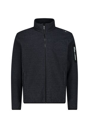 Schwarze Jacke mit durchgehendem Reißverschluss und hohem Kragen, zwei Seitentaschen und einer Reißverschlusstasche am linken Ärmel, dargestellt auf weißem Hintergrund.