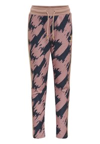 Rosa joggers med ett svart abstrakt mönster. Har midja med dragsko, sidostripes och mjuk tygtextur för komfort.