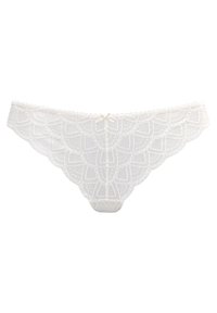 String en dentelle blanche avec un motif festonné, une texture délicate et un petit nœud central à l'avant. Conçu avec une couverture minimale.
