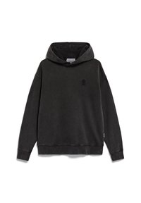 Tmavě šedá mikina s kapucí, kapsou na přední straně, stahovací šňůrkou a malým logem na hrudi. Texturovaná látka s volnějším střihem a žebrovanými manžetami.