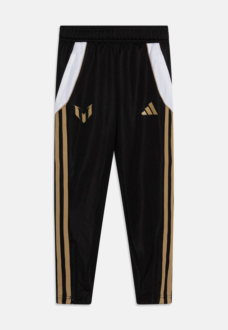 Pantaloni sportivi neri con dettagli dorati e bianchi, dotati di tasche laterali, una texture liscia e loghi del marchio sul davanti.