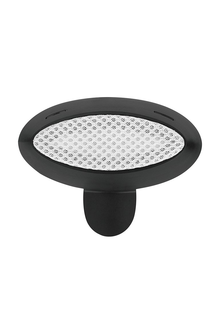 Réflecteur noir en forme ovale avec une surface réfléchissante blanche texturée et une attache par clip à l'arrière.