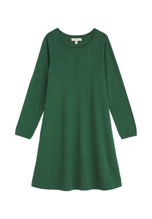 Pikad varrukad, roheline kudum dress, ümmarguse kaelusega ja peene vertikaalse õmbluse detailiga keskel ees.