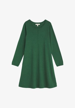 Pikad varrukad, roheline kudum dress, ümmarguse kaelusega ja peene vertikaalse õmbluse detailiga keskel ees.