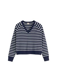 Suéter de rayas azul marino y blanco con cuello en V, mangas largas y puños de canalé. Fabricado con un material de punto suave, con un diseño recortado.