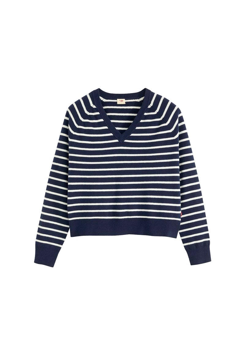 Maglione a righe blu navy e bianche con scollatura a V, maniche lunghe e polsini a coste. Realizzato in un morbido materiale a maglia, presenta un design cropped.