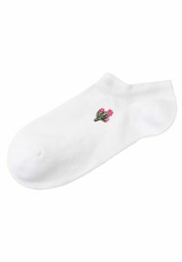 Calzino bianco alla caviglia con un design di cactus caratterizzato da contorni verdi e fiori rosa, realizzato in morbido cotone con una texture liscia.