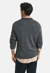 Mann, der von hinten zu sehen ist, trägt einen dunkelgrauen melierten Pullover über einem rosa gestreiften Hemd und dunklen Hosen vor einem weißen Hintergrund.