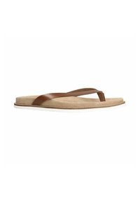 Sandales en cuir marron avec une semelle en textile beige texturée et une semelle en caoutchouc blanc, présentant un design minimaliste et des brides épurées.