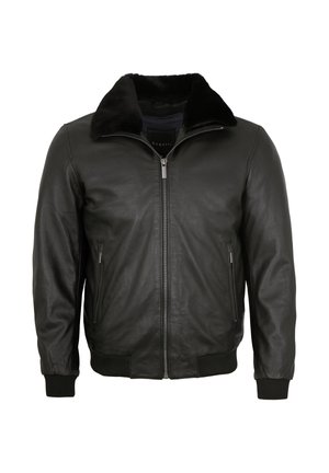 Schwarze Leder-Bomberjacke mit Frontreißverschluss, schwarzem Pelzkragen, seitlichen Reißverschlusstaschen sowie gerippten Bündchen und Saum.