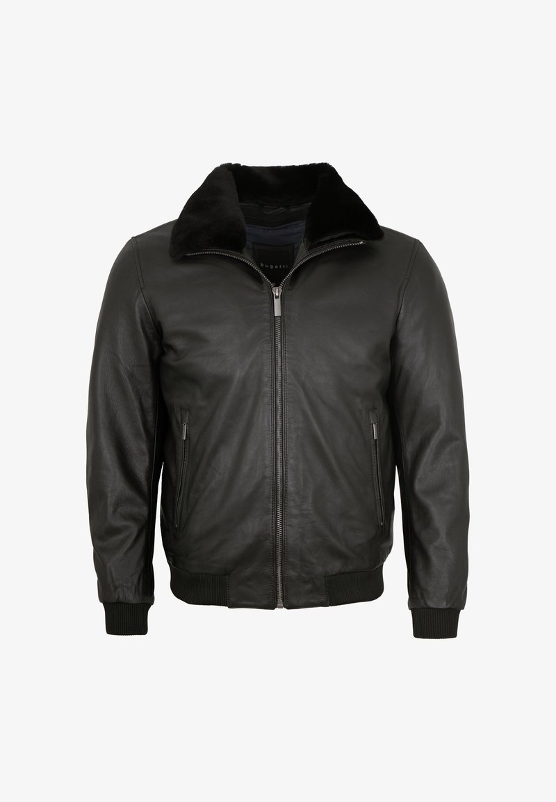 Black leather bomber jacket with front zipper, black fur collar, zippered side pockets, and ribbed cuffs and hem.