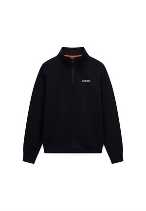 Schwarzer langärmeliger Quarter-Zip-Sweatshirt mit hohem Kragen und kleinem weißen Logo auf der linken Brust vor weißem Hintergrund.