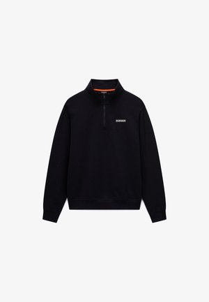 Schwarzer langärmeliger Quarter-Zip-Sweatshirt mit hohem Kragen und kleinem weißen Logo auf der linken Brust vor weißem Hintergrund.