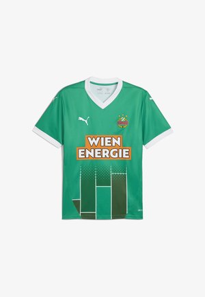 Grünes Fußballtrikot mit V-Ausschnitt, ausgestattet mit einem weißen Kragen, dem orangefarbenen "Wien Energie"-Logo und gemusterten Akzenten in dunklerem Grün.