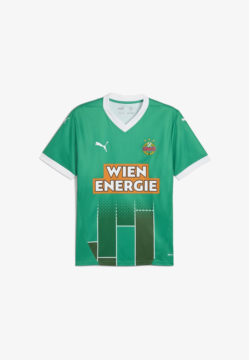 Zelena nogometna majica s V-izrezom, z belim ovratnikom, logotipom "Wien Energie" v oranžni barvi in vzorčenimi detajli v temnejši zeleni.