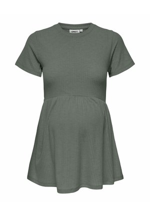 Haut de maternité à manches courtes, côtelé, vert olive, avec un buste ajusté et une taille évasée conçu pour le confort.