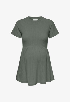 Kortärmelig, geribbelde, olijfgroene zwangerschaps-t-shirt met een aansluitende buste en een uitlopende taille, ontworpen voor comfort.