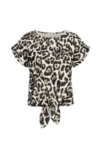 Top a maniche corte con stampa leopardata in beige e nero, presenta un davanti annodato. Realizzato in tessuto leggero con una vestibilità comoda e scollatura rotonda.