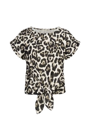 Top a maniche corte con stampa leopardata in beige e nero, presenta un davanti annodato. Realizzato in tessuto leggero con una vestibilità comoda e scollatura rotonda.