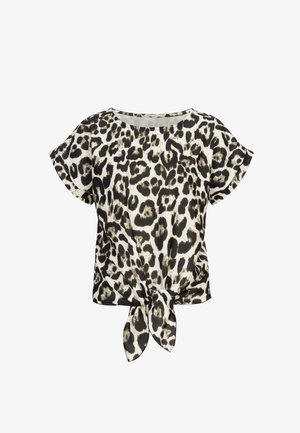 Top de manga corta con estampado de leopardo en beige y negro, presenta un frente anudado. Está fabricado con una tela ligera, con un corte holgado y escote redondo.