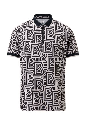 Schwarz-weißes Poloshirt mit einem sich wiederholenden großen "B"-Muster, kurzen Ärmeln und einem Reißverschlusskragen. Hergestellt aus glattem, leichtem Stoff.