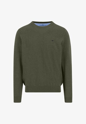 Olive green crewneck sweater with long sleeves and ribbed cuffs and hem, featuring a small navy embroidered logo on the left chest.
