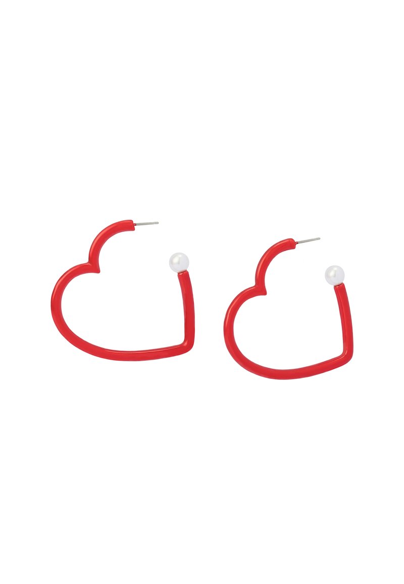 Red heart-shaped hoop earrings made of plastic, featuring a white beads accent on one end and a sleek, glossy finish.