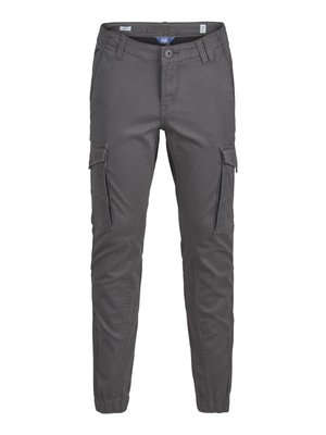 Pantalons cargo gris en tissu mélangé coton, dotés de plusieurs poches, d'une coupe fuselée et de poignets élastiques aux chevilles.