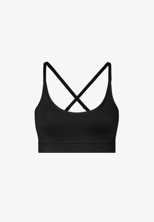 Bralette noir avec une texture lisse, un large bandeau en dessous et un design dos nageur avec des bretelles croisées pour le soutien.