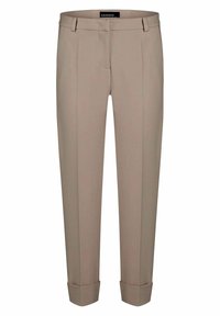 Pantalons beiges ajustés avec une coupe droite, devant plissé, ourlets à revers et passants de ceinture. Fabriqués en tissu lisse avec un léger éclat.