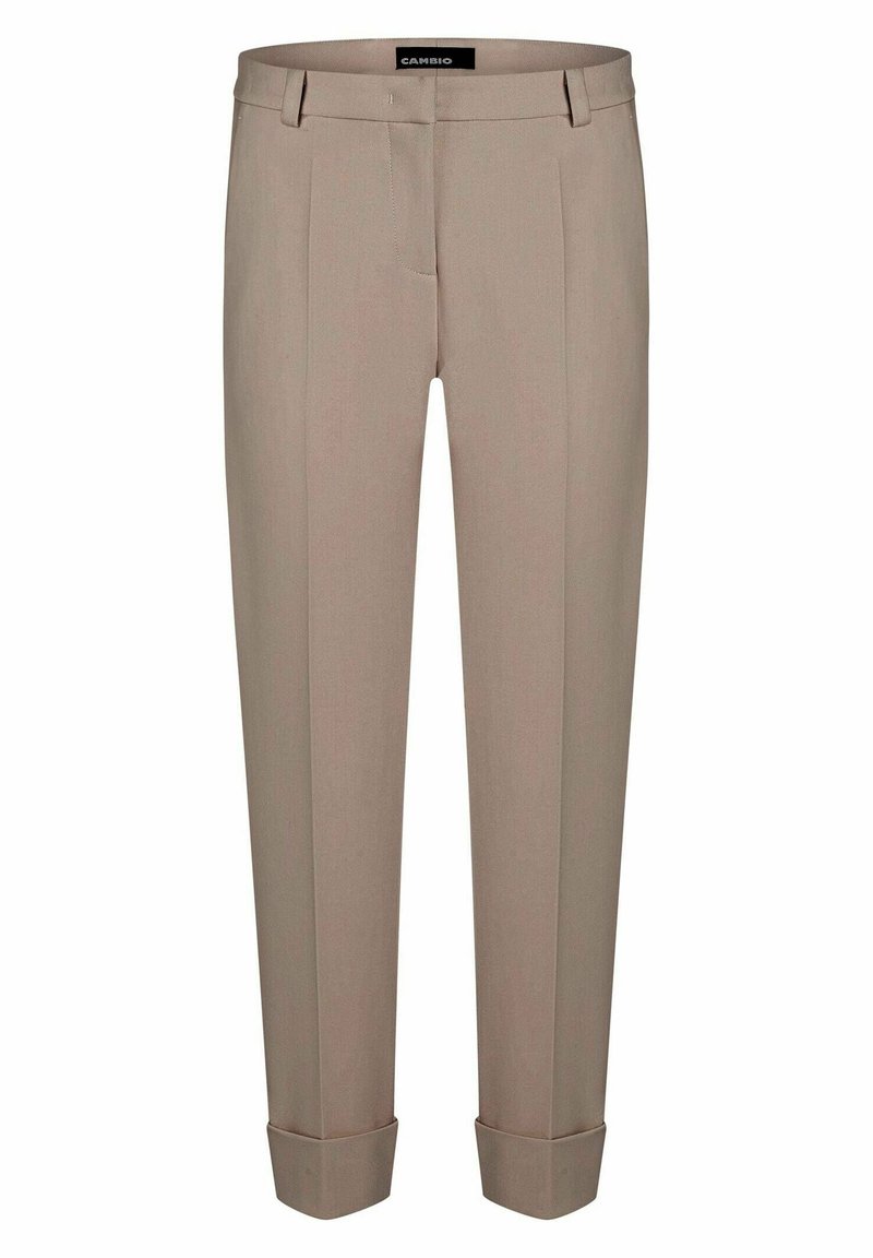 Pantalons beiges ajustés avec une coupe droite, devant plissé, ourlets à revers et passants de ceinture. Fabriqués en tissu lisse avec un léger éclat.