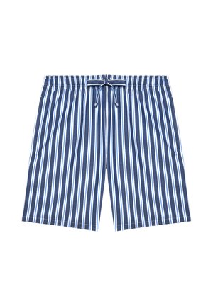 Pantalones cortos con rayas verticales en azul y blanco, con cintura elástica y cordón delantero, mostrados sobre un fondo blanco.